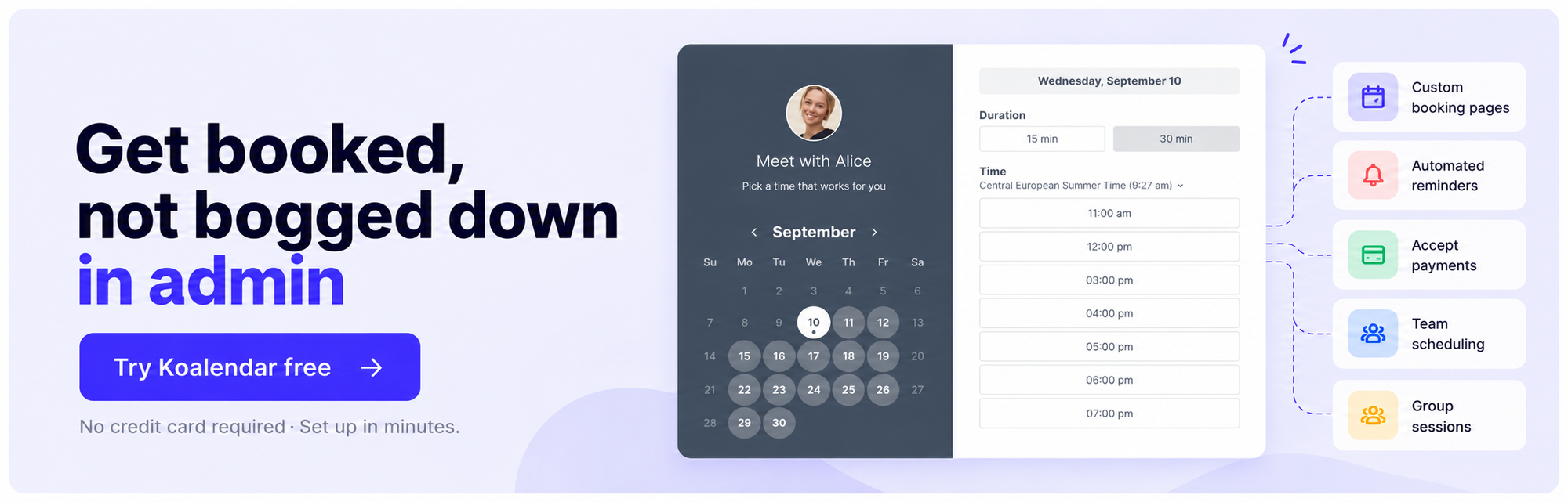 Koalendar banner with a booking calendar and appointment features for readers exploring Akiflow alternatives.